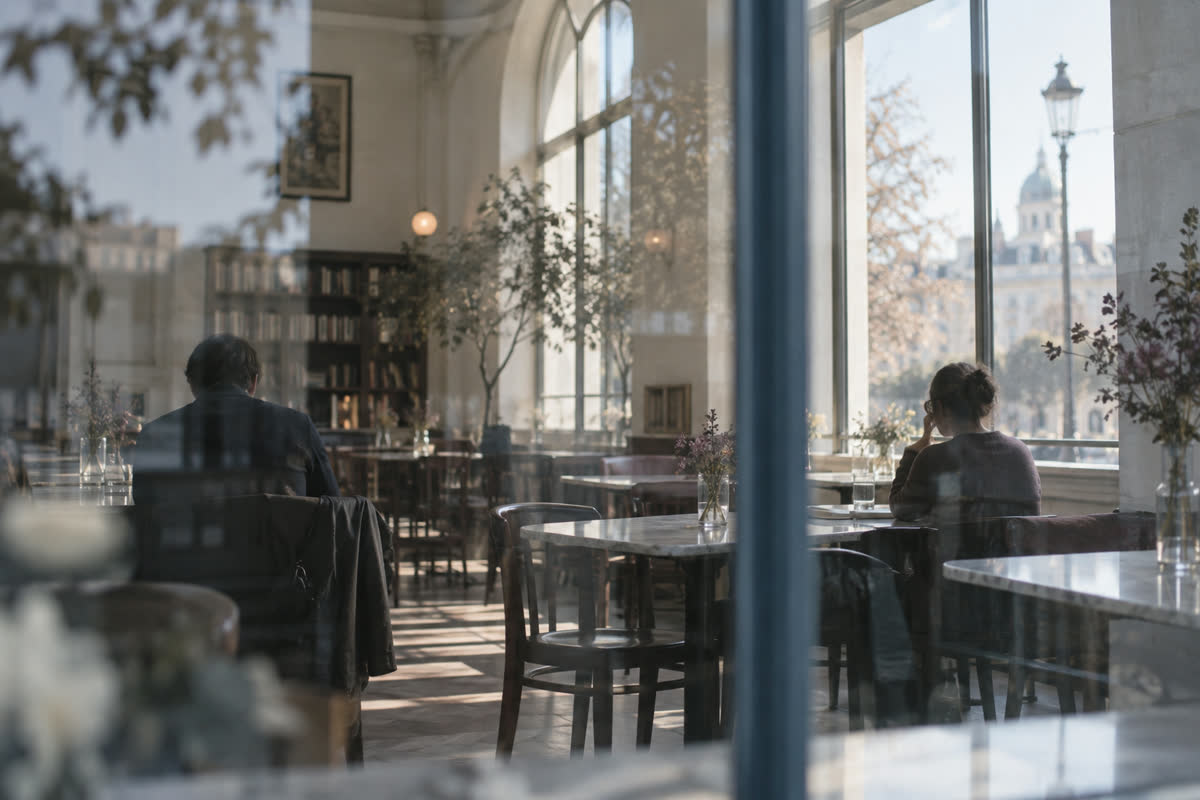 Interior luminoso de un café visto a través de un cristal, con dos personas sentadas a cierta distancia